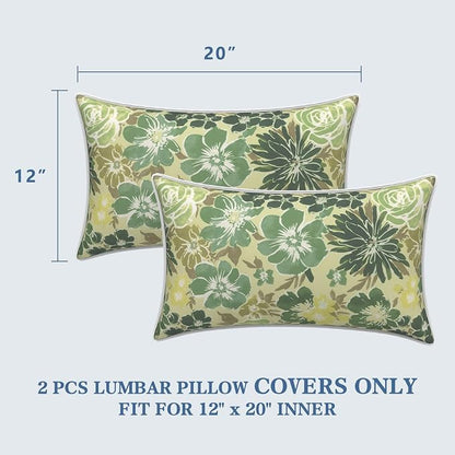 LVTXIII 2 Pack Outdoor Lumbar Pillow Covers 12x20 Inch with Piping, Water-Repellent Back Cushion Covers ONLY for Patio Furniture, Sofa, Garden Bench, Green Rose