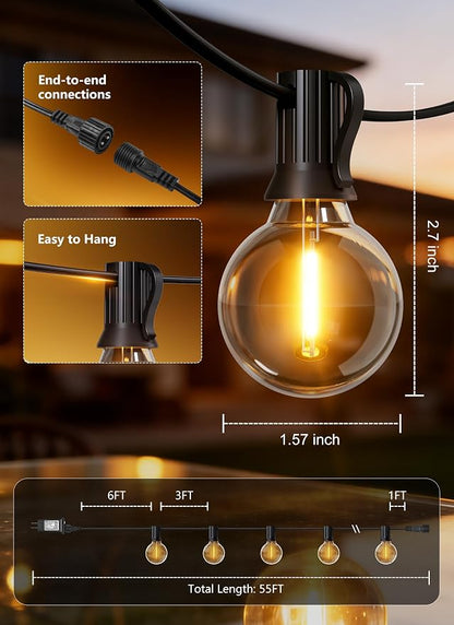 Brightown Outdoor String Lights, 55FT 17 G40 Bulbs Shatterproof Patio Lights, Waterproof Dimmable Hanging Connectable Globe LED Outdoor Lights for Backyard, Bistro, Porch, Deck, Balcony