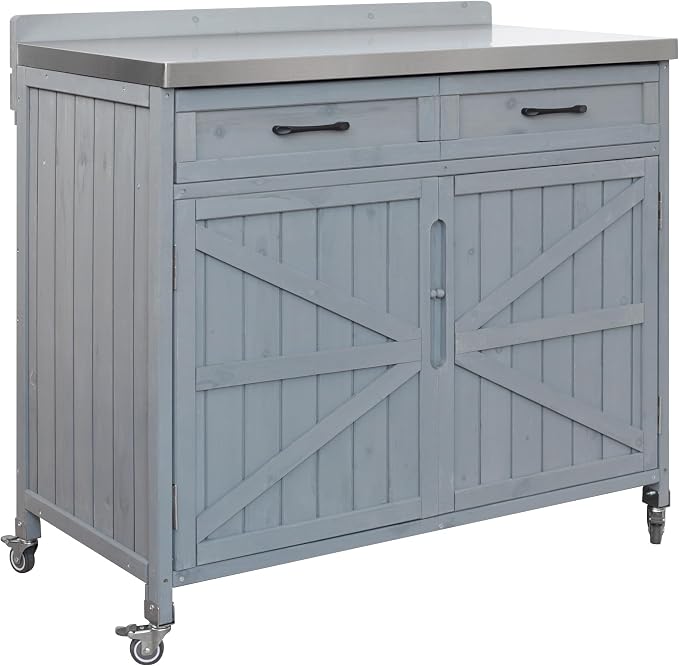 Merax Farmhouse 39.4" Grill Cart with Drawer, Storage Cabinet and Stainless Steel Top, Outdoor Grill Station w/Internal Racks & Lockable Wheels, Modular Kitchen Island for Food Prep & BBQ, Grey Blue