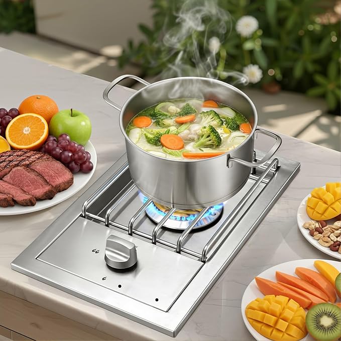 Propane Stove – 17,000 BTU Single Burner,Side Burner for BBQ Island,Comes with Propane Stove Lid,LED Light & Conversion Kit for Natural Gas.Portable Cooktop Ideal for Outdoor Kitchen Island.