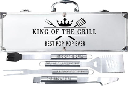 Bonsai Tree Pop Pop Gifts, Pop Gifts from Grandkids, Grill Tools for Pop Ever Present - Cool Grilling BBQ Set for Grandpa- Stainless Steel Tool Heavy Duty Set 4
