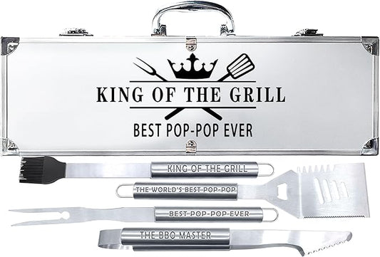 Bonsai Tree Pop Pop Gifts, Pop Gifts from Grandkids, Grill Tools for Pop Ever Present - Cool Grilling BBQ Set for Grandpa- Stainless Steel Tool Heavy Duty Set 4