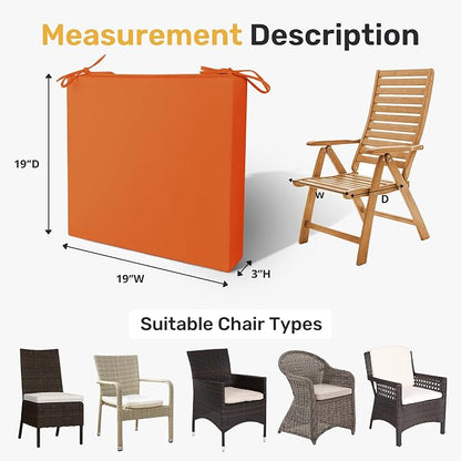 UNIKOME Outdoor Chair Cushions Pack of 4, Water Resistant Patio Cushions with Ties, High Density Sponge Filling Square Corner Seat Cushions for Outdoor Furniture, 19"*19"*3", Orange
