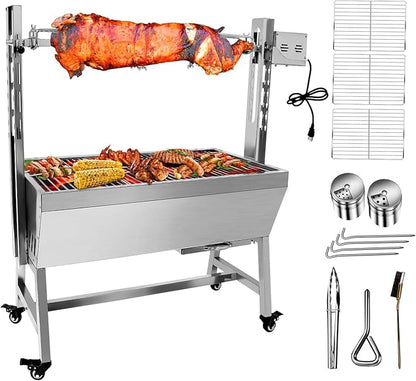 25w 37in Electric Rotisserie Grill Portable 132lbs Portable Stainless Steel Rotisserie Grill Roster With Wheels, Motor, Wind Baffle For Pig Chicken Lamb Rotisseries Roasting Machine
