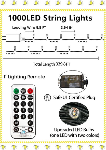 1000LED 330 FT Color Changing Christmas Lights with Remote Timer & 11 Modes | Warm White & Multicolor Fairy Xmas String Light with Memory Function Waterproof for Tree Railing Patio Holiday Birthday Decor