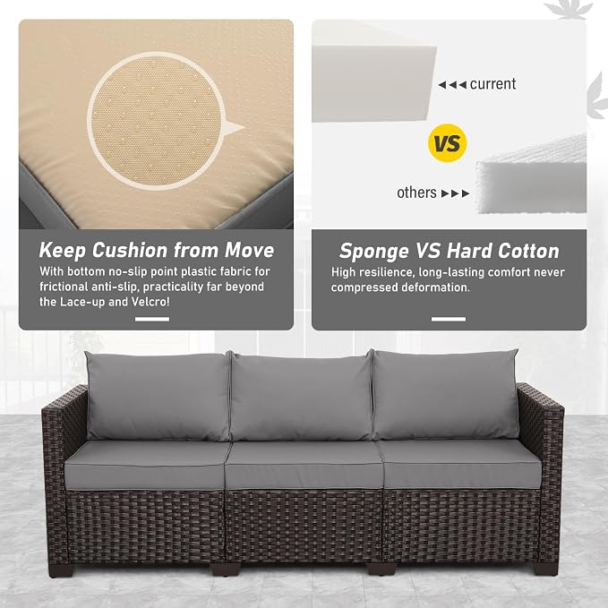 Valita Patio Furniture 3-seat Sofa Brown Wicker Outdoor Furniture Outdoor Couch Deep Seat High Backrest Waterproof Cover Anti-Slip Washable Cushions, Grey