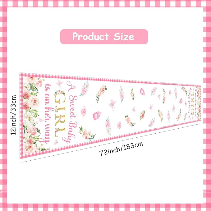 A Sweet Baby Girl is On Her Way Table Runner, Pink Linen Fabric Table Runner for Everyday Use 72 x 13 Inches, Washable Table Cover for Baby Shower Indoor Outdoor Kitchen Dining Table Decor