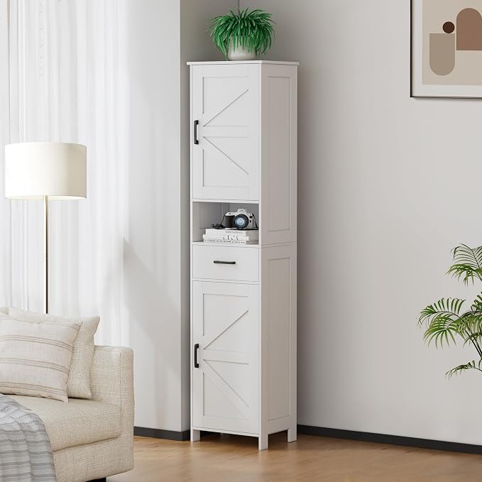 Homhedy 67" H Tall Bathroom Storage Cabinet with Barn Doors and Drawer | Narrow Storage Unit with Adjustable Shelves, Floor Cabinet for Bathroom, Living Room, Entryway or Kitchen, White, 15.7" W