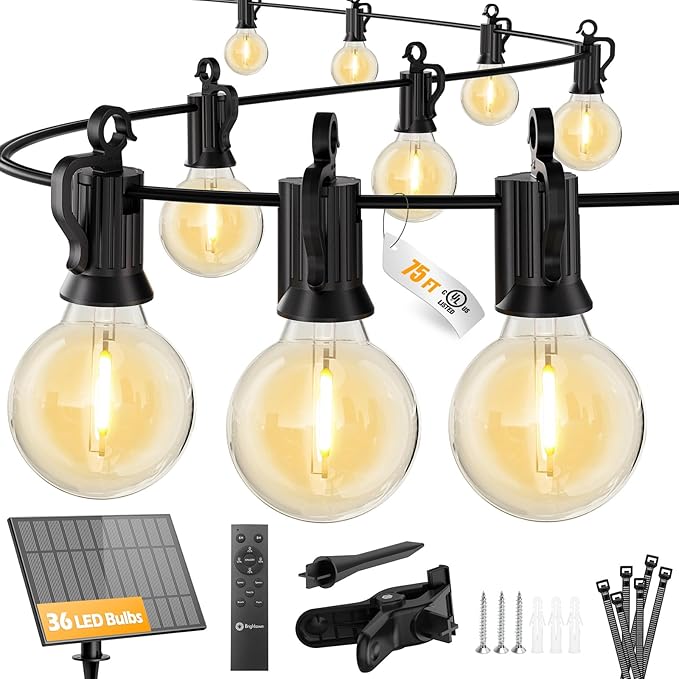 Brightown 75FT 36LED Solar String Lights Outdoor with Remote & USB Port, Shatterproof Bulbs, Dimmable & Timable, 3 Modes, Patio Lights Solar Powered with Mount Clips for Camping Backyard Garden Decor