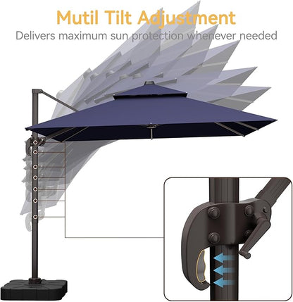 10x13 FT Patio Umbrella with Base, Large Cantilever Rectangular Double Top Heavy Duty Offset Umbrellas with 361° Rotation, Outdoor shade for Garden Deck Pool Patio, Navy