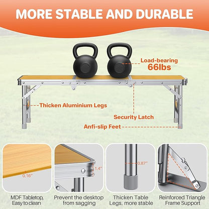 FUNYKICH 3ft Low Folding Camping Table with Carry Bag, 34.2'' Lx15.7'' W Portable Picnic Tables, Lightweight Thicker Aluminum Beach Table with Carry Handle for Beach, Camping, Picnic, Yellow