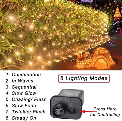 Pooqla Warm White Net Lights, 15x 5ft Christmas Lights Outdoor Green Wire | 300 LED Large Net Mesh Lights Plug in, 8 Modes Waterproof Connectable Bushes Lights for Christmas Hedge Yard Decor
