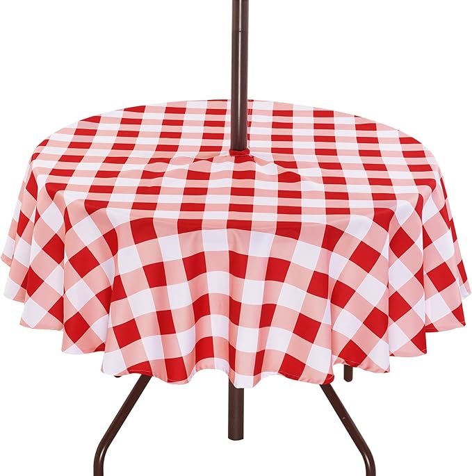 SquarePie Round Outdoor Tablecloth with Umbrella Hole - 60 Inch Water Resistant & Spillproof Table Cloth,Zipped Patio Picnic Table Cover for Camping/Picnic/BBQs/Backyard,Red Checkered