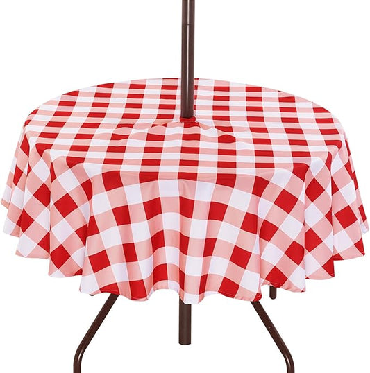 SquarePie Round Outdoor Tablecloth with Umbrella Hole - 60 Inch Water Resistant & Spillproof Table Cloth,Zipped Patio Picnic Table Cover for Camping/Picnic/BBQs/Backyard,Red Checkered