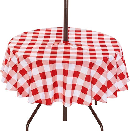 SquarePie 70 Inch Round Outdoor Tablecloth with Umbrella Hole and Zipper - Waterproof Spillproof Patio Table Cloth for Picnic Backyard, Red Checkered