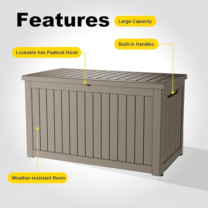 280 Gallon Large Outdoor Storage Box Waterproof, UV Resistant Resin Deck Box with Hydraulic Rod for Patio Furniture,Garden Tools,Cushions, Easy to Install（Grey）