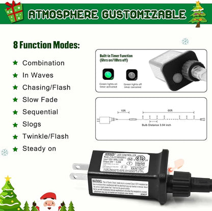 JMEXSUSS 200 LED White Christmas Lights Outdoor, 66ft String Lights Plug in | Connectable, 8 Modes, Waterproof, Indoor Outdoor Use, Green Wire Christmas Lights for Tree Wedding Party Bedroom Xmas Decor