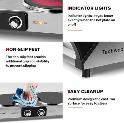 Techwood Electric Stove, Double Infrared Ceramic Hot Plate for Cooking, Two Control Cooktop Burner, Portable Anti-scald handles Suitable for Office/Home/Camp Use, 1800W Compatible for All Cookwares