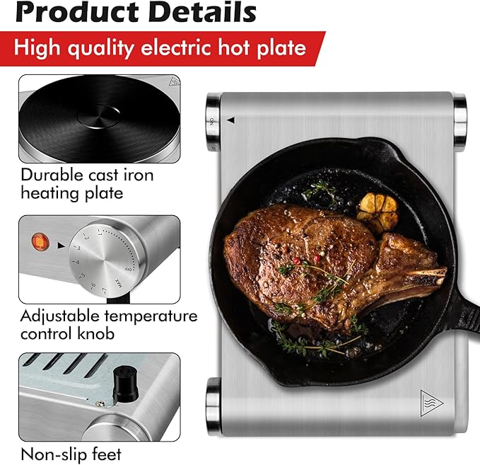 CUSIMAX Electric Hot Plate 1500W Single Burner Cast Iron Hot Plates for cooking Portable Stove Electric Burner with Adjustable Temperature Control Silver Stainless Steel Non-Slip Rubber Feet