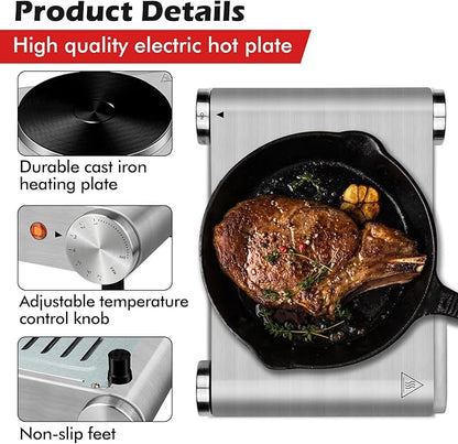 CUSIMAX Electric Hot Plate 1500W Single Burner Cast Iron Hot Plates for cooking Portable Stove Electric Burner with Adjustable Temperature Control Silver Stainless Steel Non-Slip Rubber Feet