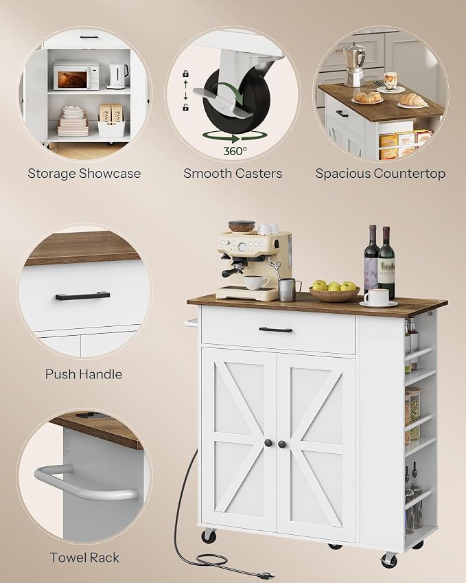 CHOEZON Kitchen Island Cart with Storage, Bar Cart with Charging Station, Kitchen Island on Wheels, Rolling Mobile Table with Cabinet, 3 AC Outlets, White and Walnut MZD04UWL