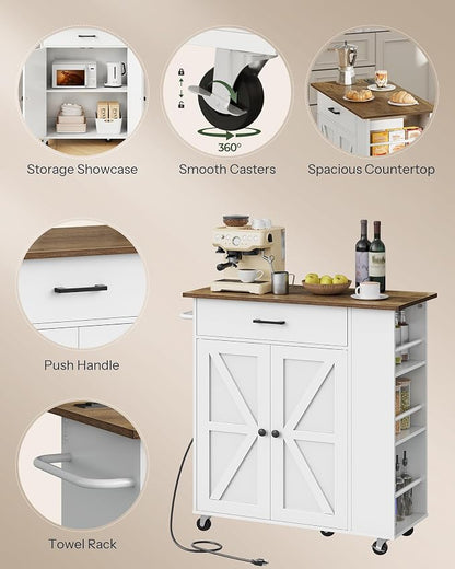 CHOEZON Kitchen Island Cart with Storage, Bar Cart with Charging Station, Kitchen Island on Wheels, Rolling Mobile Table with Cabinet, 3 AC Outlets, White and Walnut MZD04UWL