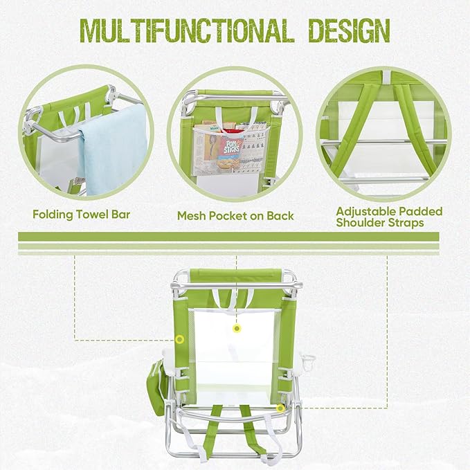 Old Bahama Bay Backpack Beach Chair 2 Pack, Aluminum Lightweight Reclining 5-Position Lounge Chair for Adults Heavy Duty Support 400 LBS Portable Folding with Cooler Bag Camping Chair for Sand Outdoor