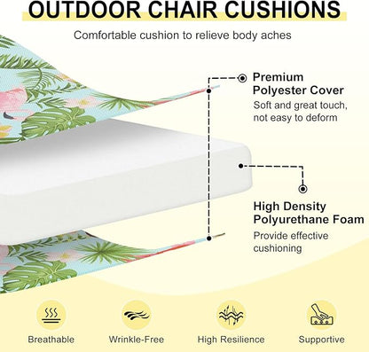 downluxe Outdoor Chair Cushions Set of 4 for Patio Furniture, Water-Resistant Patio Chair Cushions with Ties, High Density Foam Outdoor Seat Cushion, 17" X 16" X 2", Tropical Flamingo