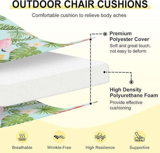 downluxe Outdoor Chair Cushions Set of 4 for Patio Furniture, Water-Resistant Patio Chair Cushions with Ties, High Density Foam Outdoor Seat Cushion, 17" X 16" X 2", Tropical Flamingo