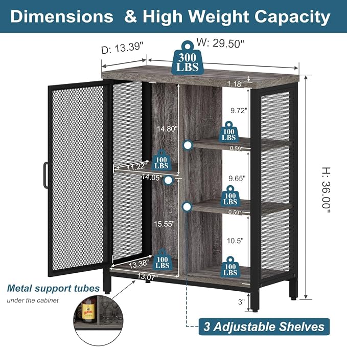 Liquor Cabinet Bar for Home, Coffee Storage Cabinet | Adjustable Shelves, Small Wood Sideboard Buffet Station Cabinets with Door, for Kitchen/ Dining/ Entryway, Dark Grey Oak, 36"