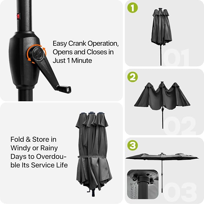 REE SOLDIER 13ft Double Sided Patio Umbrella with Solar Lights (Dark Gray) | Waterproof Fade-Resistant Fabric, Rust-Proof Aluminum Pole, Crank Tilt Adjustment, Ideal For Garden, Yard, Pool, Patio