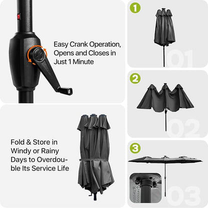 REE SOLDIER 13ft Double Sided Patio Umbrella with Solar Lights (Dark Gray) | Waterproof Fade-Resistant Fabric, Rust-Proof Aluminum Pole, Crank Tilt Adjustment, Ideal For Garden, Yard, Pool, Patio