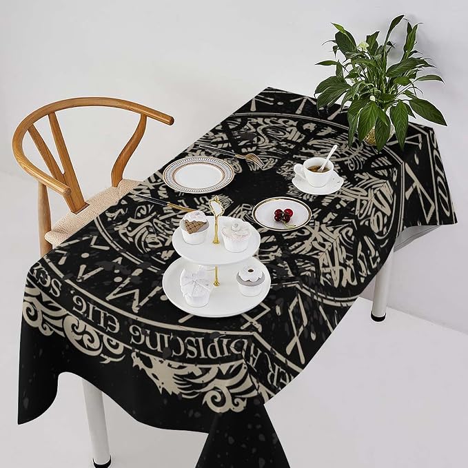 Vintage Viking Pattern Tablecloth, Viking Ancient Runic Helmet of Awe Celtic Dragon Table Cloth Water Resistant Wipeable Table Cover for Farmhouse Party Holiday Kitchen Dinner Table 60x110"