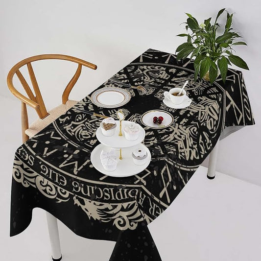 Vintage Viking Pattern Tablecloth, Viking Ancient Runic Helmet of Awe Celtic Dragon Table Cloth Water Resistant Wipeable Table Cover for Farmhouse Party Holiday Kitchen Dinner Table 60x110"