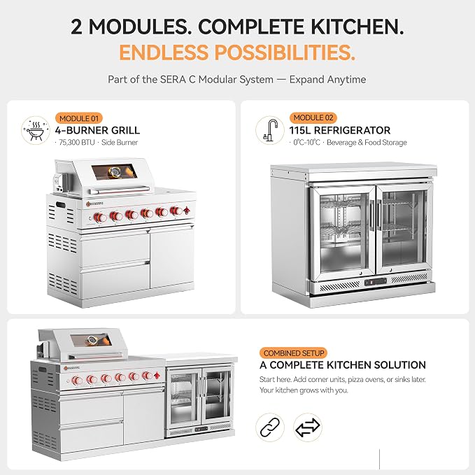 SERA C 4-Burner Propane Modular Outdoor Kitchen with Fridge | 75300 BTU + side burner, 68L fridge 0-10°C for drinks ingredient, 304 stainless steel, locking caster, compact patio backyard