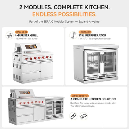 SERA C 4-Burner Natural Gas Modular Outdoor Kitchen with Fridge | 75300 BTU + side burner, 68L fridge 0-10°C for drinks ingredient, 304 stainless steel, locking caster, compact patio backyard
