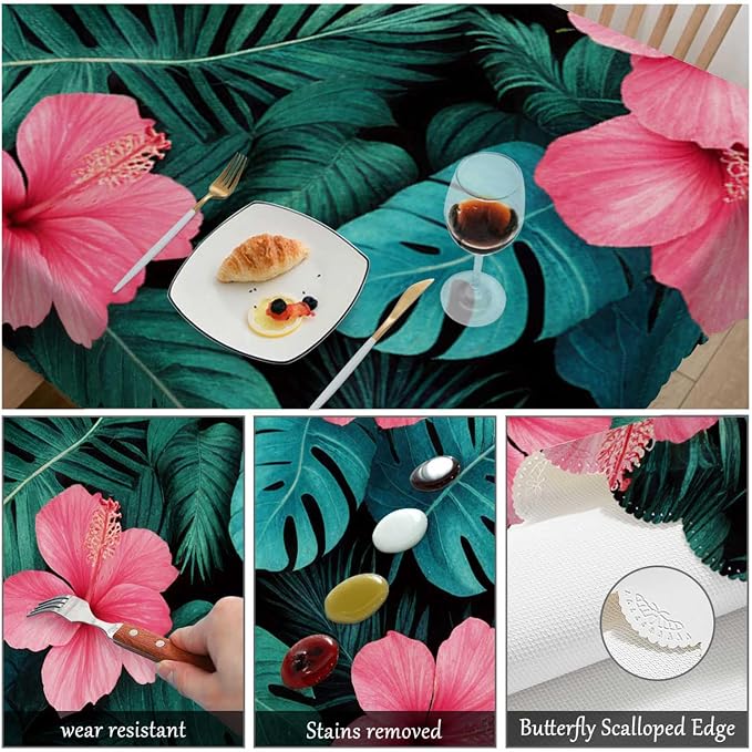 Swono Palm Leaves Table Cover Tropical Flower Jungle Palms Hibiscus 50x72 Inch Table Cloth for Rectangle Tables Buffet Parties Coffee BBQ and Dinning Tablecloth