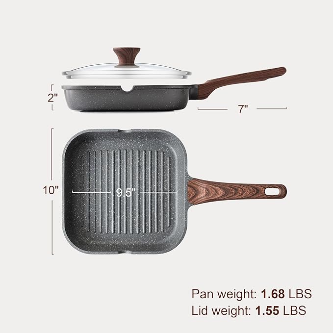 SENSARTE Nonstick Grill Pan with Lid, Grill Pan for Stove Tops, Versatile Griddle with Pour Spouts, Square Big Cooking Surface, Durable Skillet Indoor & Outdoor Grilling. PFOA Free, 9.5 Inch