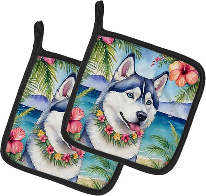 Caroline's Treasures Siberian Husky Luau Pair of Pot Holders Kitchen Heat Resistant Pot Holders Sets Oven Hot Pads for Cooking Baking BBQ, 7 1/2 x 7 1/2