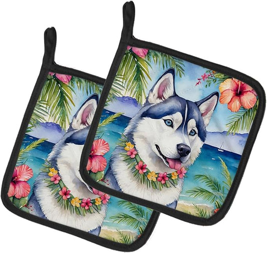 Caroline's Treasures Siberian Husky Luau Pair of Pot Holders Kitchen Heat Resistant Pot Holders Sets Oven Hot Pads for Cooking Baking BBQ, 7 1/2 x 7 1/2