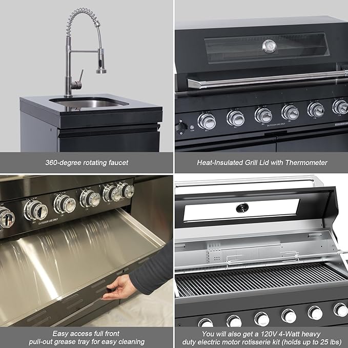 Outdoor Kitchen Island, 82 Inch 6 Burner Propane Gas Grill Combination With Refrigerator and Sink, Outdoor Stainless Steel Barbecue Bar, 85000 BTU Propane Grill for Patios, Gardens, Parties