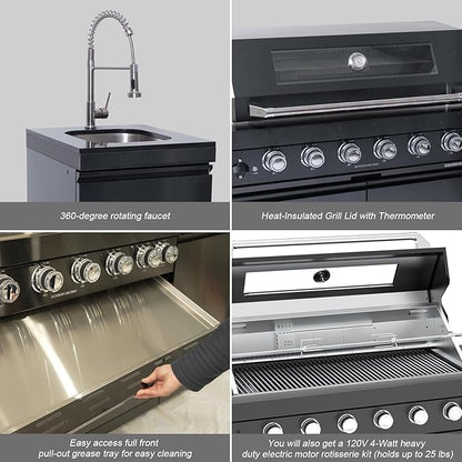 Outdoor Kitchen Island, 82 Inch 85000 BTU Gas Grill Combination With Refrigerator and Sink, Outdoor Stainless Steel Barbecue Bar, Natural Gas Barbecue Grill for Patios, Gardens, Parties