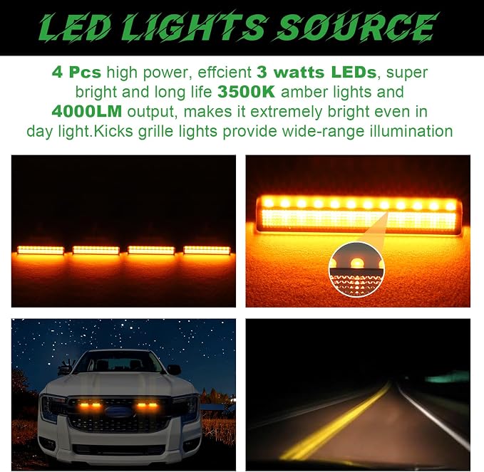 4PCS Front Grille Lights for Ford Ranger 2019-2026 Amber Light | Bright Bumper Grill Light Bar LED Running Lamps Fit for XL XLT Lariat Car Accessories