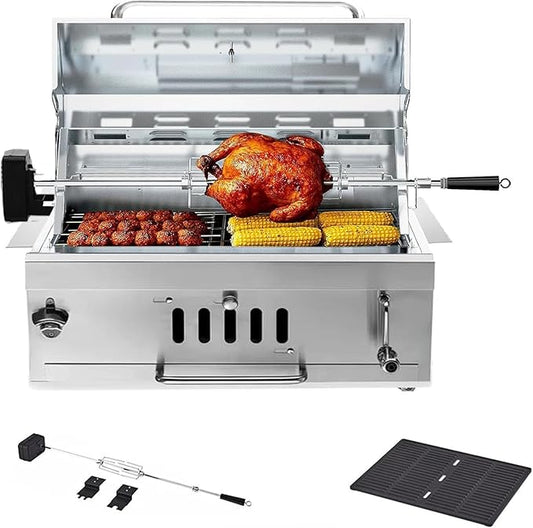 28In Built in BBQ Grills, Large Outside Charcoal Grill with BBQ Fork Kit Liftable Tray & Thermometer, Silver Stainless Steel Barbecue Grill for Outdoor Kitchen Cooking Patio Camping Park