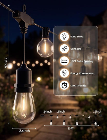 30FT LED Outdoor String Lights for Patio with 18+1L Shatterproof Bulbs | UL Certified, IP65, Connectable Plug in Hanging Lights for Outdoor Backyard, Deck, Gazebo, Balcony, Camping, Party