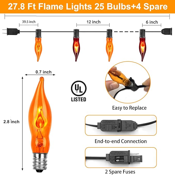 Halloween Flickering Flame String Lights, 27.8Ft with 25 Pack Orange Purple Flame Light Bulbs C18 E12 Base for Indoor Outdoor Decorations, Black Wire
