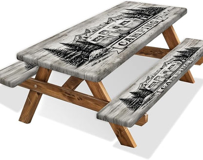 RV Forest Mountain Picnic Table Cover with Bench Covers, Camping Essentials, Elastic Fitted Tablecloths for 6 FT Rectangle Tables, Washable 3PCS Patio Tablecloth for Indoor Outdoor Garden, 30x60 Inch
