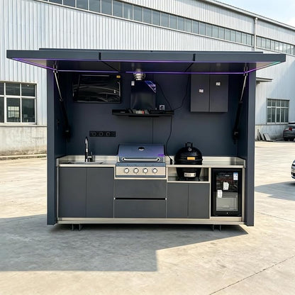 Modular Outdoor Kitchen Pod Prefab Kits with Roof, Sink, Grill Station, Storage Cabinet, Burners, Stainless Steel Patio Cooking Island for Backyard BBQ and Entertaining
