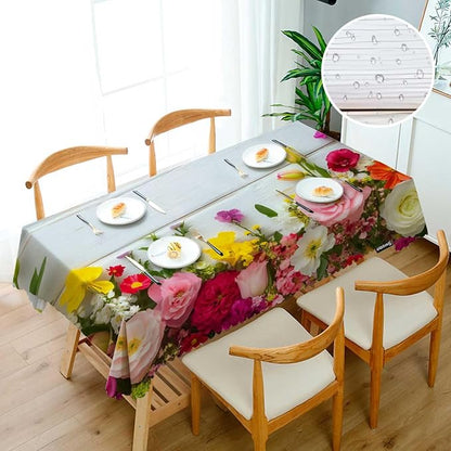 Swono Flowers Frame Tablecloths Colorful Peony Rose Flowers On Wooden Kitchen Dinning Tabletop Decoration, Polyester Table Cover for Indoor Outdoor 50x72 Inch Tablecloth