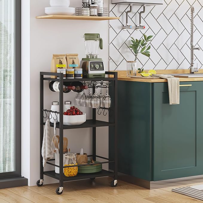 TUTOTAK Bar Cart with Wheels, Mini Drink Cart with Wine Rack & Glass Holder | 3-Tier 17 Inch Wide Home Bar Serving Carts, Small Mobile Kitchen Shelf with 6 Hooks, Black V1BC01BK035